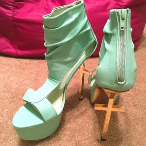Seafoam Green Platforms with gold cross heels